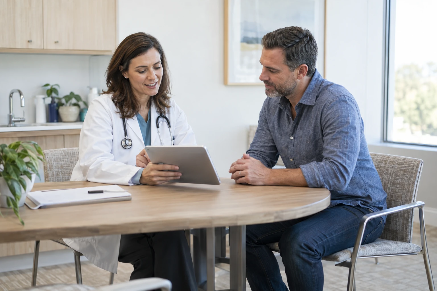 Illustrative clinician and patient reviewing a care plan together in a bright consultation room